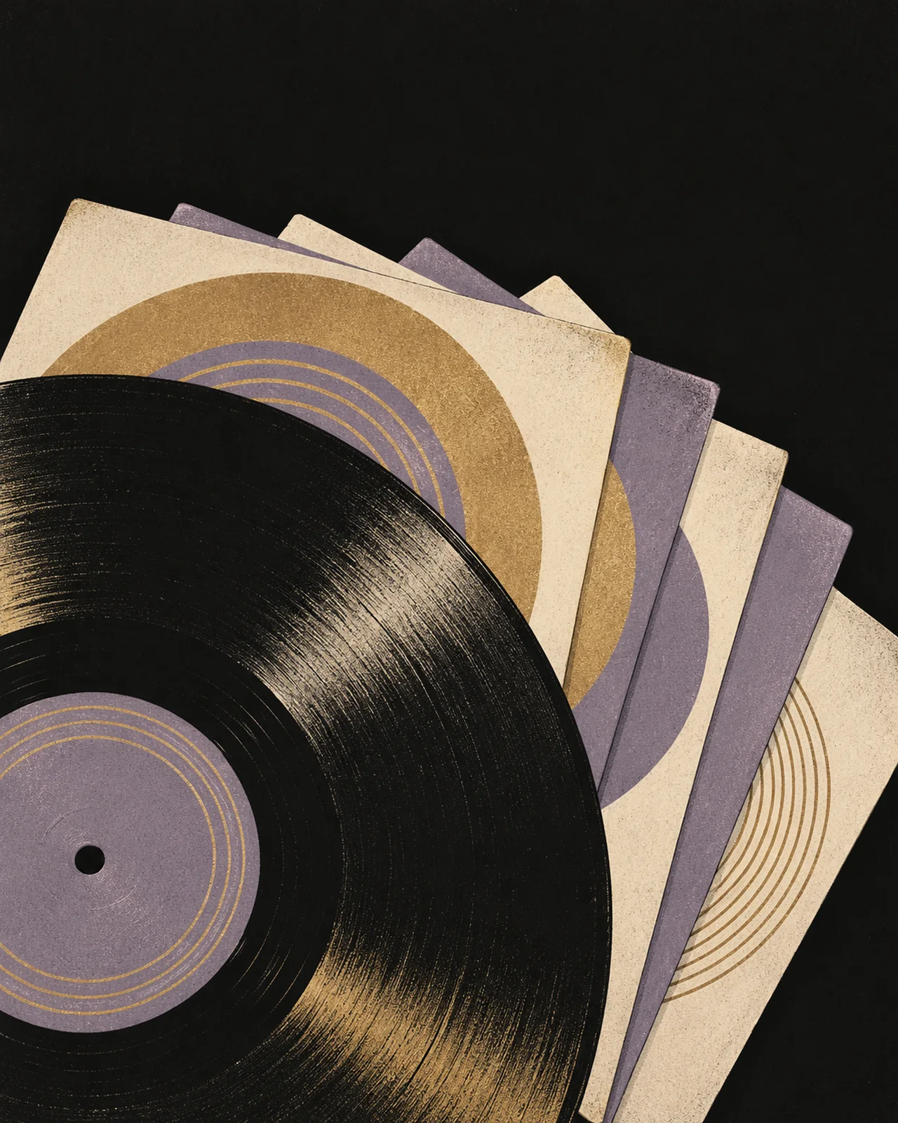 A flat graphic archive of cream and lavender record sleeves, black vinyl and gold concentric circles.