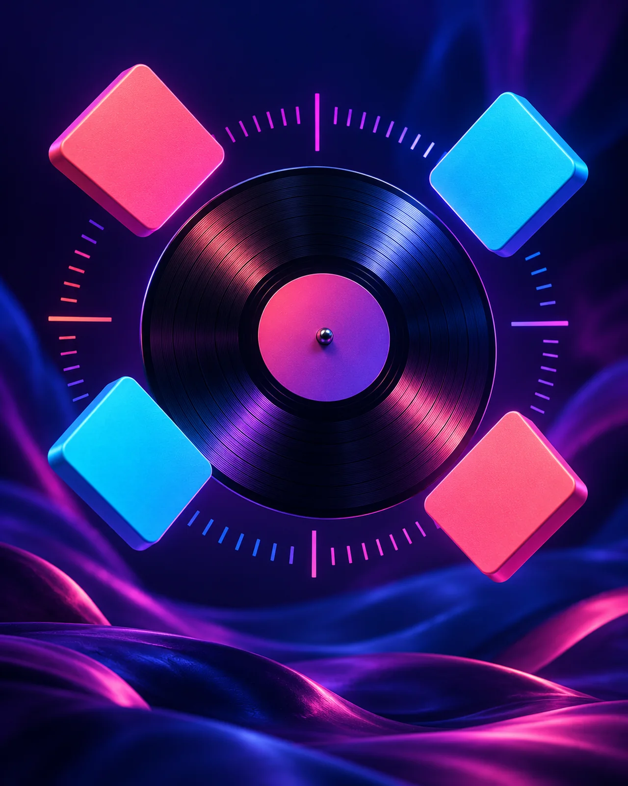 Coral and cyan answer tiles surround a vinyl record on a deep purple countdown field.