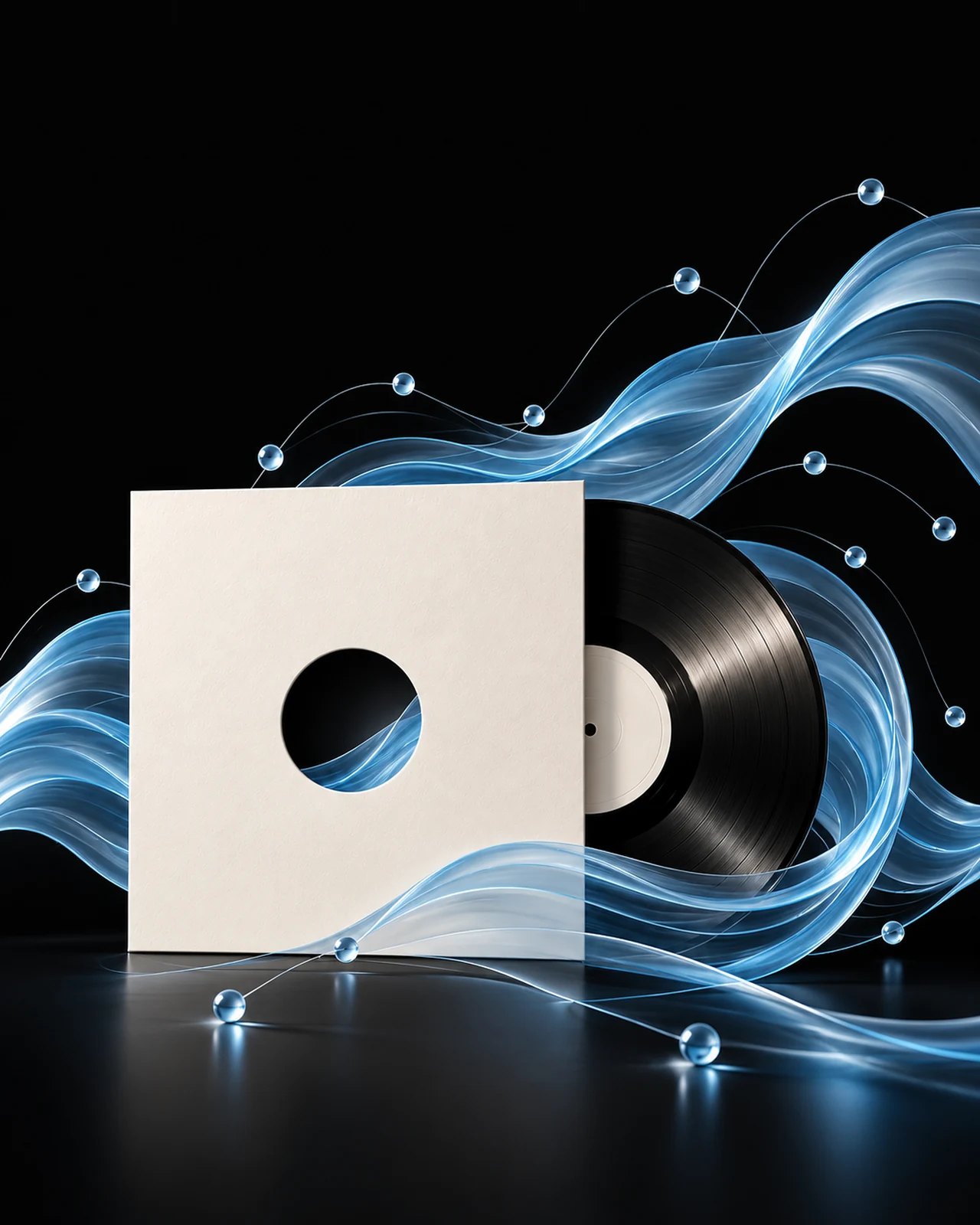 An ivory record sleeve and black vinyl send icy-blue ribbons toward silver listener nodes on a black background.