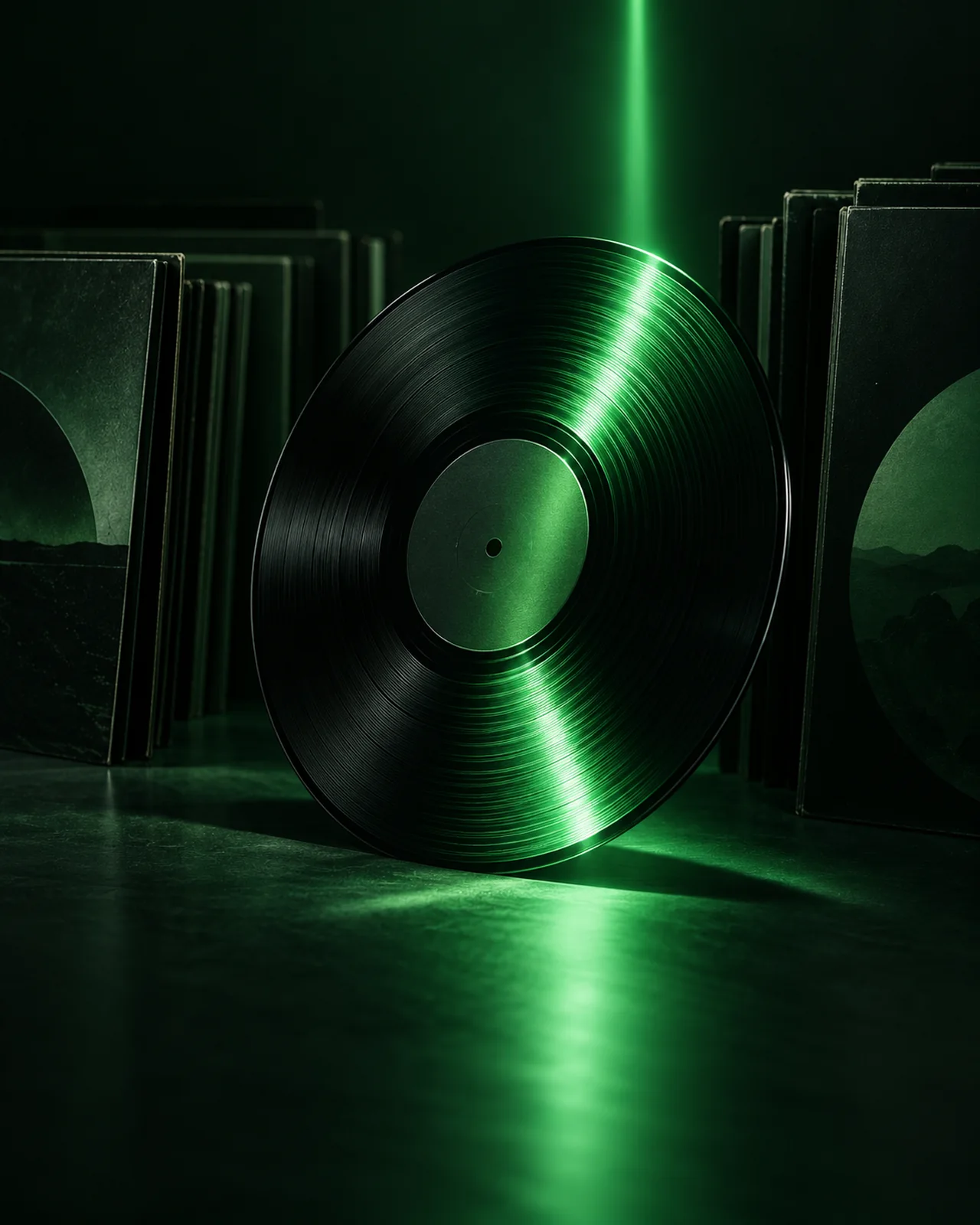 An emerald search beam scans a black record in a dark optical field.