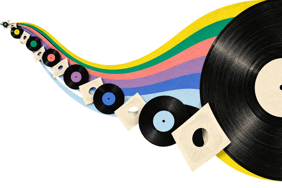 A graphic trail of records and six colored arcs converges around a vinyl disc, representing musical discovery.